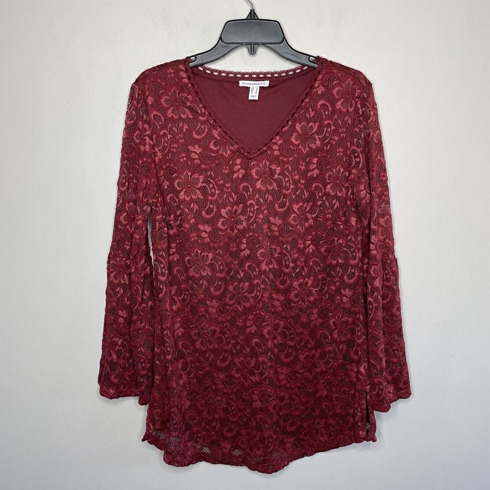 ISAAC MIZRAHI LIVE Tunic Top Womens Small Red Lace Top Lined Bell Sleeve V-Neck